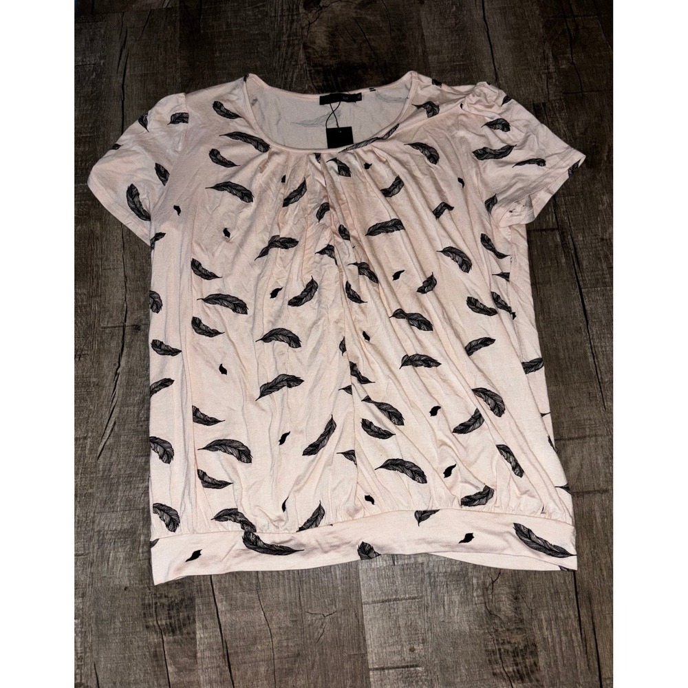 DJT Women Pink Feather Print Short Sleeve Pleated Blouson Top XL NWT